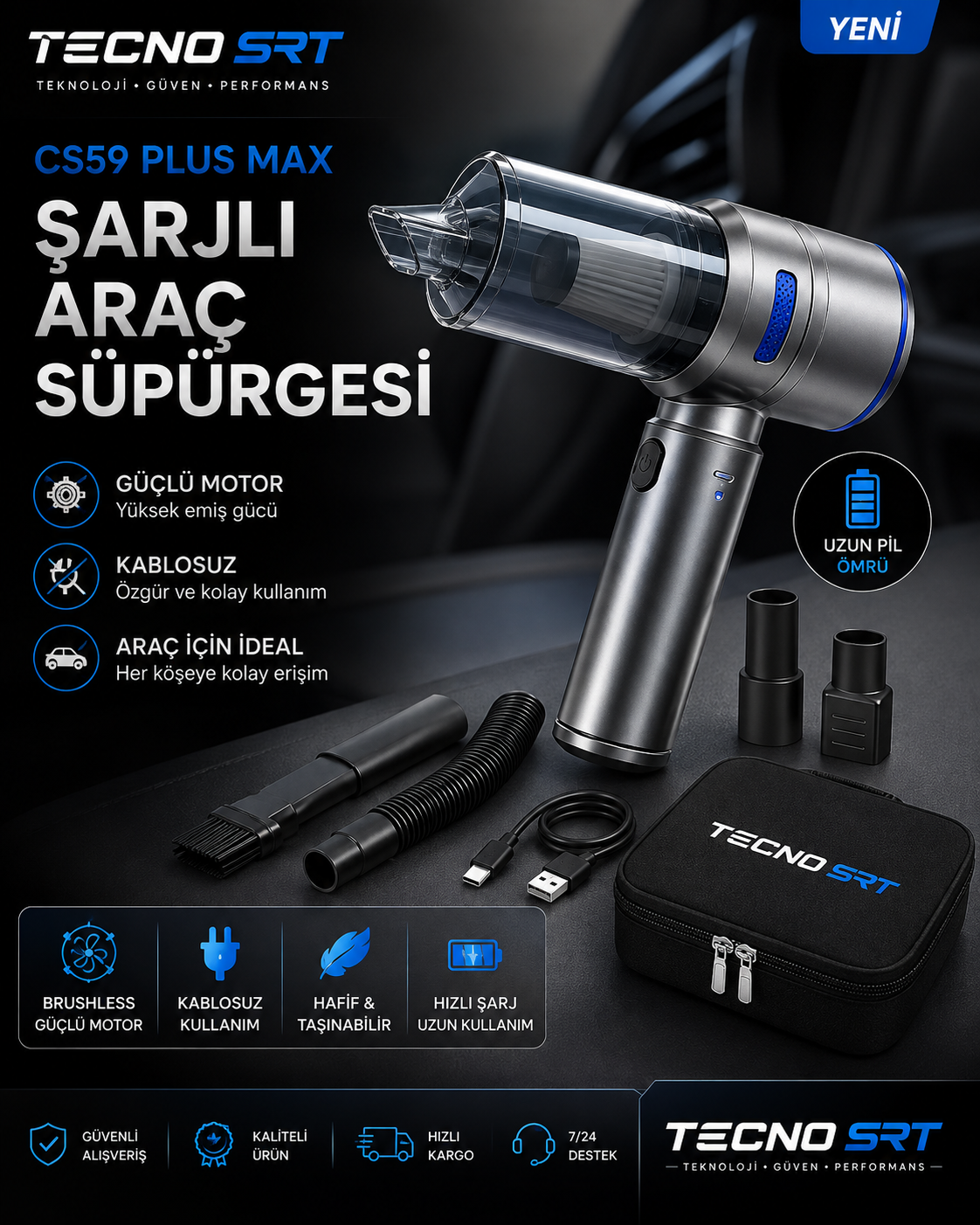 TECNO SRT CS59 Plus Max Şarjlı Araç Süpürgesi